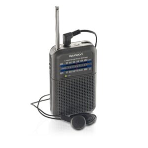 daewoo dw1008 radio portatil am/fm antena telescopica y sintonizacion analogica precisa altavoz integrado salida auriculares jack 3.5mm compacto y ligero para uso diario color gris
