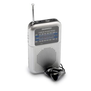 daewoo dw1008 radio portatil am/fm antena telescopica y sintonizacion analogica precisa altavoz integrado salida auriculares jack 3.5mm compacto y ligero para uso diario color plata