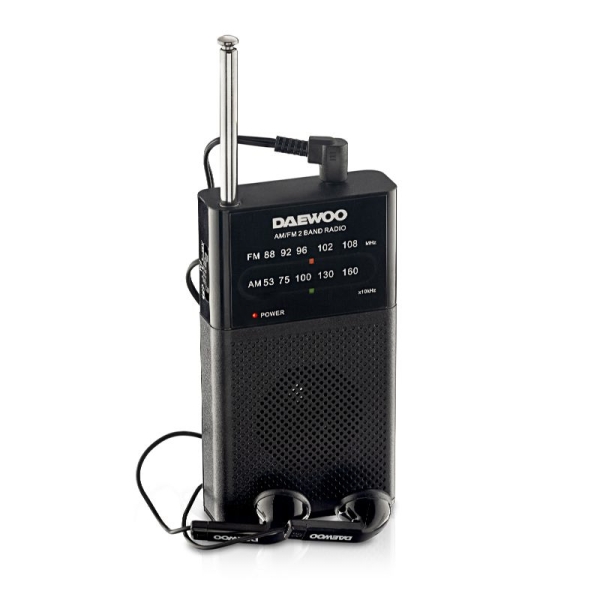 daewoo radio am/fm alimentacion a pilas jack 3.5mm antena telescopica altavoz integrado 130x70x28mm color negro