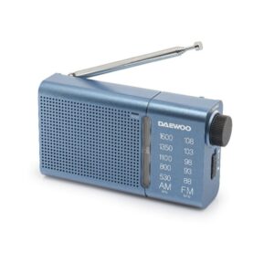 daewoo dw1037 radio portatil am/fm analogica antena telescopica altavoz integrado incluye auriculares jack 3.5mm funcionamiento a pilas (2xaa) rueda de sintonizacion precisa color azul