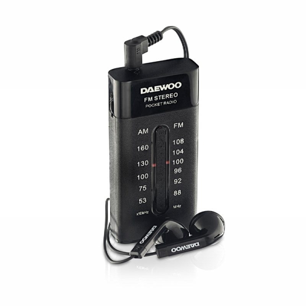 daewoo radio am/fm alimentacion a pilas jack 3.5mm sintonizacion manual auriculares incluidos 95x70x30mm color negro