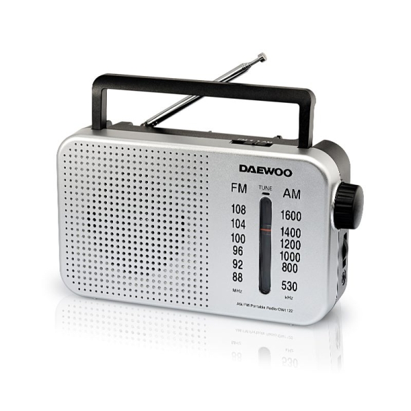 daewoo radio am/fm cable 15cm jack 3.5mm antena telescopica altavoz integrado asa de transporte 22x7.5x15cm color gris