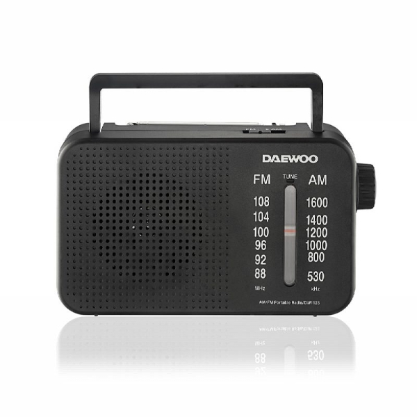 daewoo radio am/fm jack 3.5mm antena telescopica altavoz integrado asa de transporte 22x7.5x15cm color negro