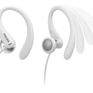 philips auriculares intraurales deportivos cable de 1.2m jack 3.5mm ipx2 microfono integrado gancho de oreja altavoz 15mm boton multifuncion color blanco