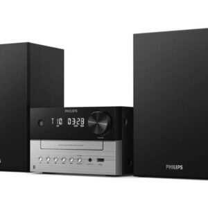 philips microcadena cd 20w bluetooth 5.4 usb jack 3.5mm radio fm pantalla led mando a distancia alcance 30m 2 altavoces de 3" sistema bass reflex color negro