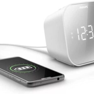 philips radio reloj despertador fm con cargador usb pantalla led con acabado espejo temporizador funcion de repeticion 11x11x7.5cm color blanco