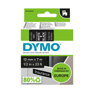 dymo lm d1 45021 cinta de etiquetas original para rotuladora texto blanco sobre fondo negro ancho 12mm x largo 7m