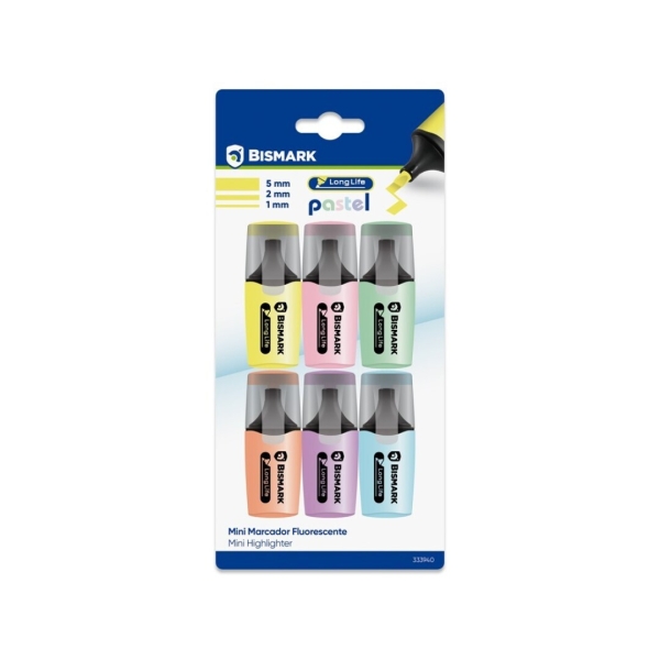 bismark long life pack de 6 mini marcadores fluorescentes pastel tinta de secado rapido punta biselada ideal para subrayar y resaltar diseño ergonomico alta durabilidad