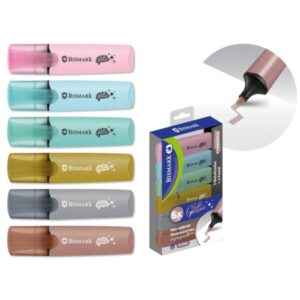 bismark pack de 6 marcadores fluorescentes glitter 3x pastel y 3x metalizados tinta de secado rapido punta biselada ideal para subrayar y resaltar diseño ergonomico