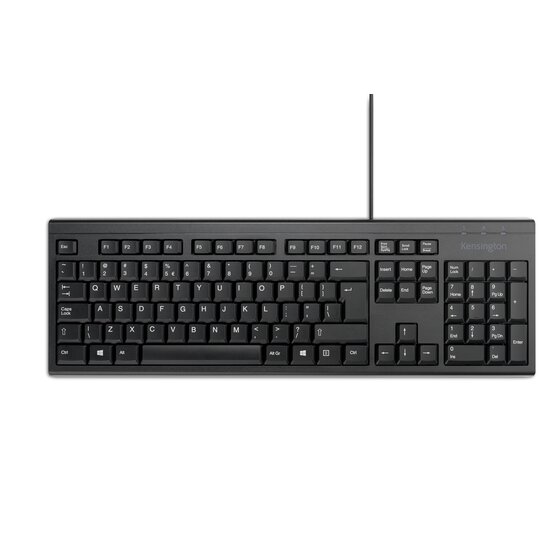 kensington kb100 eq teclado completo usb a fabricado con 64% de contenido reciclado membrana a prueba de liquidos color negro
