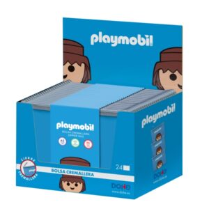 dohe playmobil expositor con 24 bolsas fabricadas en eva traslucido de 400 micras formato apaisado cierre de cremallera color azul