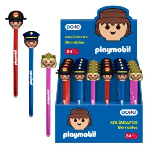 dohe playmobil expositor de 24 boligrafos borrables punta 1mm, trazo 0.5mm decorados playmobil policia, bombero y princesa tinta azul