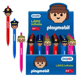 dohe playmobil expositor con 24 lapices infinitos grip de caucho se borra facilmente decorados playmobil policia, bombero y princesa.
