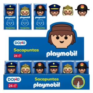 dohe playmobil expositor con 24 sacapuntas de 1 orificio y cuchilla de acero decorados playmobil policia, bombero y princesa