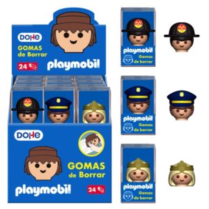 dohe playmobil expositor de 24 gomas de borrar fabricadas en pvc decoradas playmobil policia, bombero y princesa