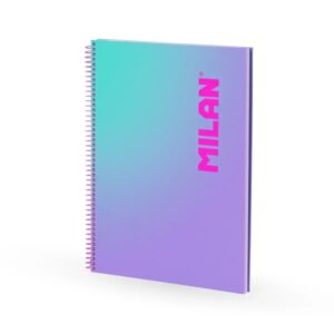 milan sunset cuaderno espiral formato a4 pautado 7mm 90 hojas de 95 gr/m2 microperforado, bandas de color y 4 taladros color violeta/turquesa