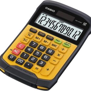 casio wm 320t calculadora de sobremesa de 12 digitos teclado desprendible y lavable ip54 pantalla grande simbolos de comando de funcion alimentacion solar y pilas color amarillo/negro