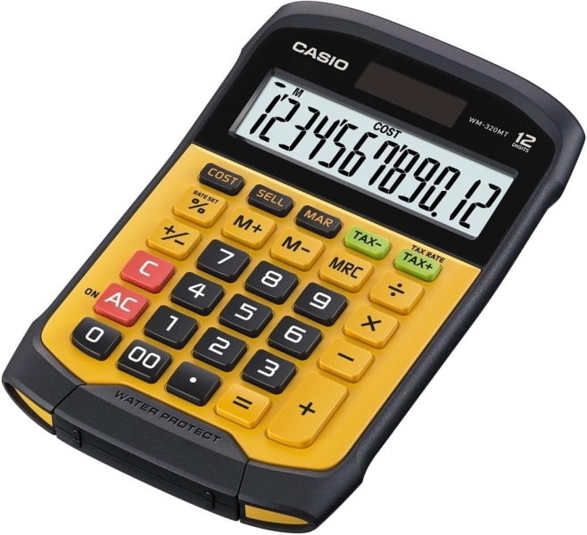 casio wm 320t calculadora de sobremesa de 12 digitos teclado desprendible y lavable ip54 pantalla grande simbolos de comando de funcion alimentacion solar y pilas color amarillo/negro