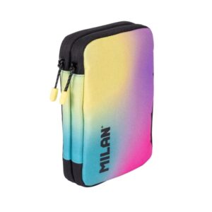 milan sunset estuche de 2 pisos con 2 gomas de borrar, sacapuntas, lapiz, boligrafo p1+ azul, regla, 12 lapices de colores y 18 rotuladores