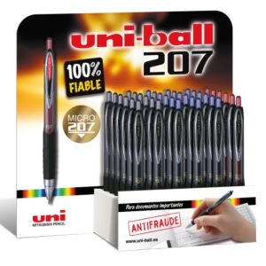 uni ball umn 207 signo expositor con 36 boligrafos punta de bola 0.7mm grip de caucho antifatiga tinta pigmentada resistente a luz y agua colores surtidos