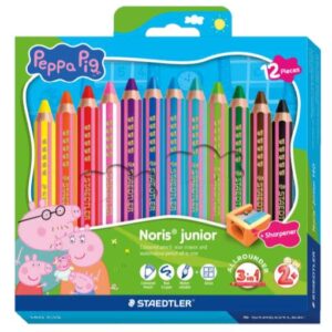 staedtler noris junior peppa pig pack de 12 lapices de colores extragruesos + sacapuntas 3 en 1, lapiz, cera y acuarelable colores surtidos