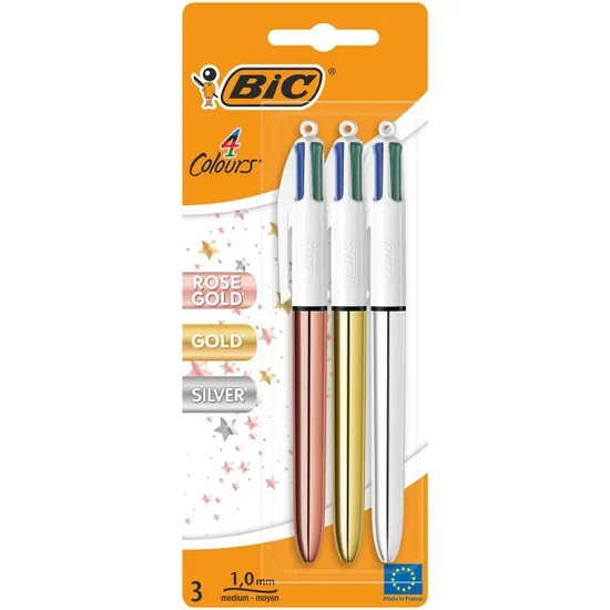 bic 4 colours pack de 3 boligrafos de bola retractil punta de 1mm trazo de 0.4mm tinta con base de aceite cuerpo oro, plata y oro rosa