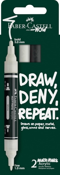 faber castell multimark acrylic pack con 2 rotuladores acrilicos doble punta puntas redondas de 1mm y 3mm tinta acrilica a base de agua colores blanco y negro