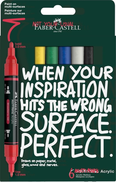 faber castell multimark acrylic pack con 6 rotuladores acrilicos doble punta puntas redondas de 1mm y 3mm tinta acrilica a base de agua colores surtidos