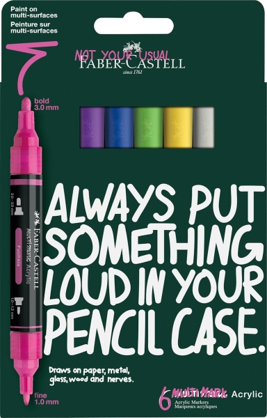faber castell multimark acrylic pack con 6 rotuladores acrilicos doble punta puntas redondas de 1mm y 3mm tinta acrilica a base de agua colores vibrantes surtidos