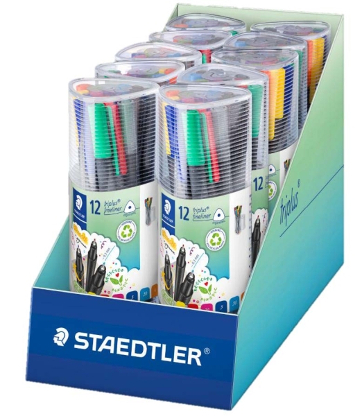 staedtler triplus fineliner 334 pack de 12 rotuladores punta fina trazo 0.3 mm aprox. tinta base de agua 97% de plastico reciclado colores surtidos