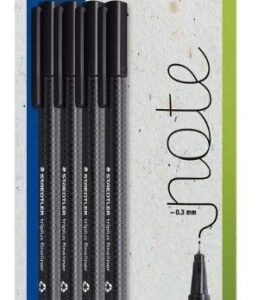 staedtler triplus fineliner 334 pack de 4 rotuladores de punta fina trazo de 0.3mm aprox. tinta antisecado a base de agua carcasa fabricada en un 97% de plastico reciclado color negro