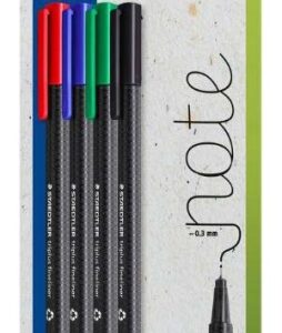 staedtler triplus fineliner 334 pack de 4 rotuladores de punta fina trazo de 0.3mm aprox. tinta antisecado a base de agua carcasa fabricada en un 97% de plastico reciclado colores surtidos