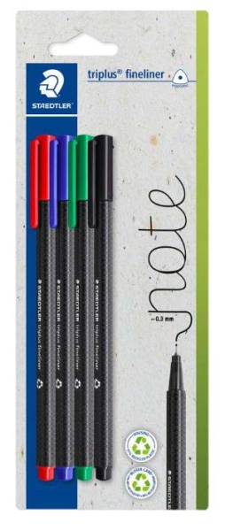 staedtler triplus fineliner 334 pack de 4 rotuladores de punta fina trazo de 0.3mm aprox. tinta antisecado a base de agua carcasa fabricada en un 97% de plastico reciclado colores surtidos