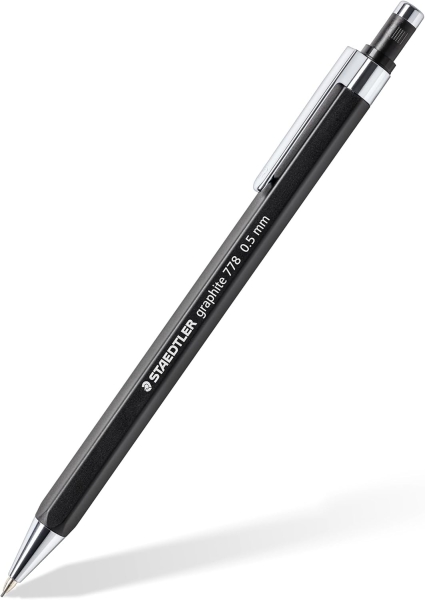 staedtler graphite 778 portaminas 0.5mm cuerpo hexagonal negro mate punta metalica retractil mina amortiguada clip metalico goma de borrar