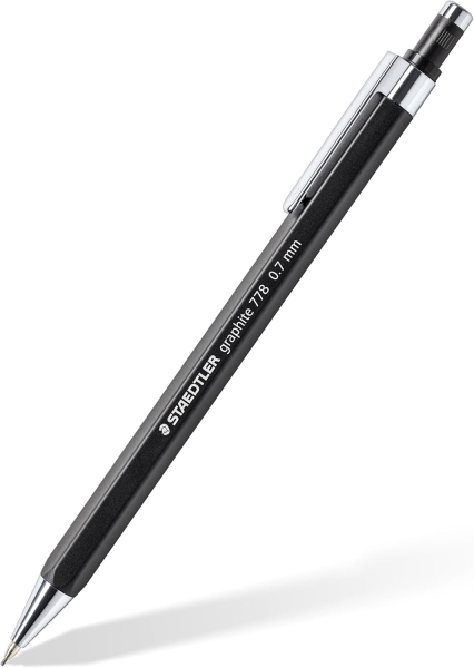 staedtler graphite 778 portaminas 0.7mm cuerpo hexagonal negro mate punta metalica retractil mina amortiguada clip metalico goma de borrar
