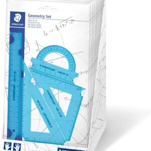 staedtler expositor con 18 packs de reglas el pack incluye regla recta 20cm, transportador, escuadra 60/30 grados y cartabon 45 grados colores neon surtidos
