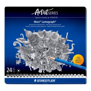staedtler mars lumograph 100 caja metalica con 24 lapices de grafito de graduaciones surtidas alta resistencia a la rotura madera de bosques certificados