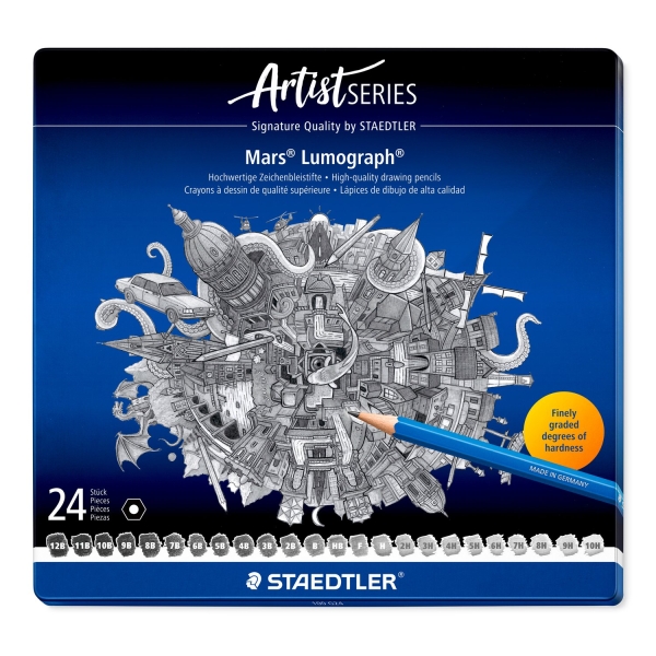 staedtler mars lumograph 100 caja metalica con 24 lapices de grafito de graduaciones surtidas alta resistencia a la rotura madera de bosques certificados