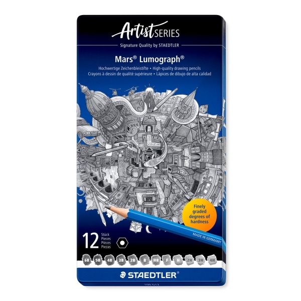 staedtler mars lumograph 100 caja metalica con 12 lapices de grafito de graduaciones 6b, 5b, 4b, 3b, 2b, b, hb, f, h, 2h, 3h, 4h alta resistencia a la rotura madera de bosques certificados
