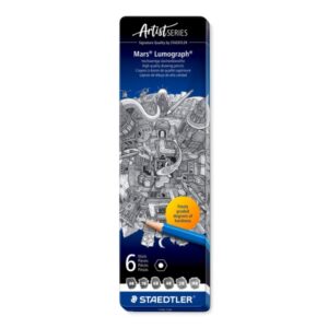 staedtler mars lumograph 100 caja metalica con 6 lapices de grafito de graduaciones 8b, 7b, 6b, 4b, 2b, hb alta resistencia a la rotura madera de bosques certificados