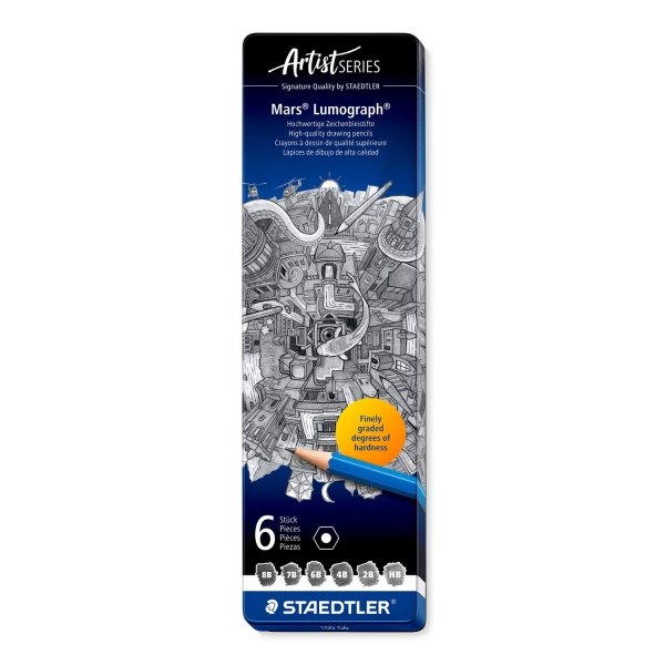 staedtler mars lumograph 100 caja metalica con 6 lapices de grafito de graduaciones 8b, 7b, 6b, 4b, 2b, hb alta resistencia a la rotura madera de bosques certificados