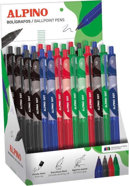alpino dot expositor con 24 boligrafos retractiles punta 1mm agarre suave colores surtidos