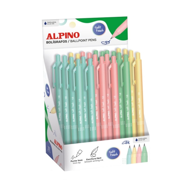 alpino soft touch pastel expositor con 24 boligrafos retractiles punta 1mm tacto suave tinta azul colores pastel surtidos