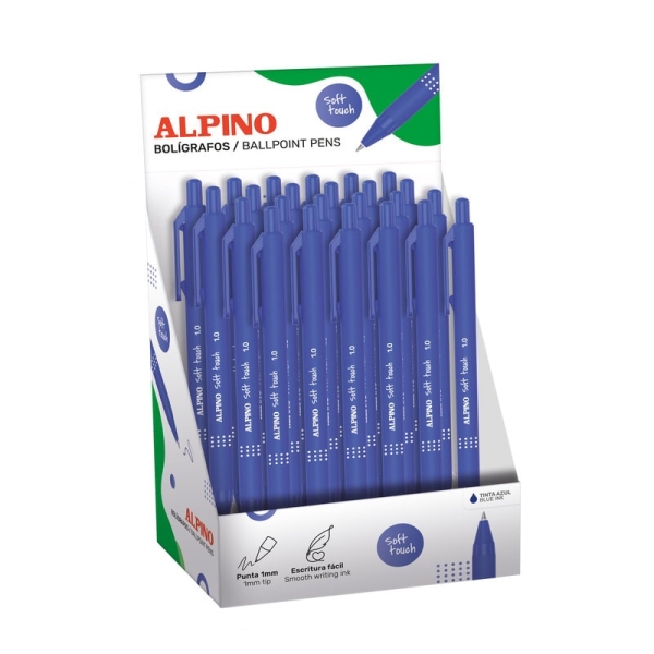 alpino soft touch expositor con 24 boligrafos retractiles punta 1mm tacto suave tinta azul color azul