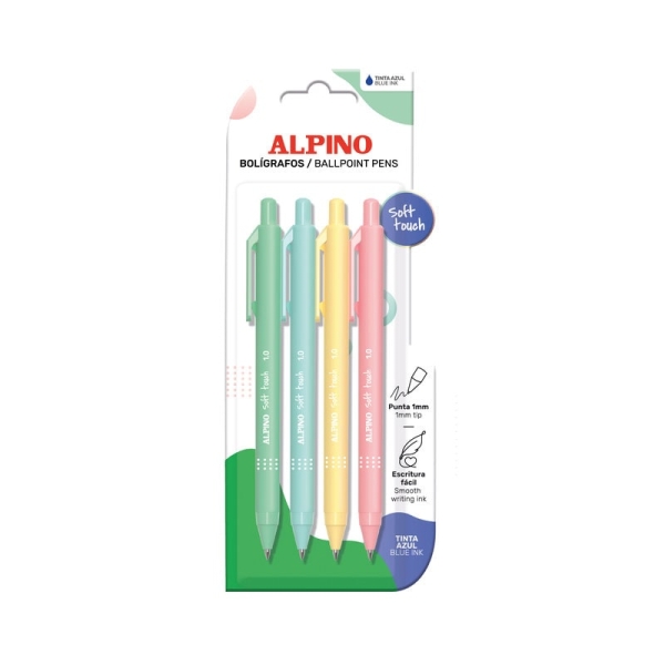 alpino soft touch pastel pack con 4 boligrafos retractiles punta 1mm tacto suave tinta azul colores pastel surtidos