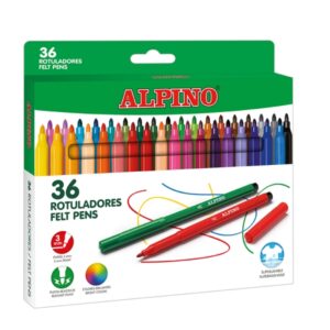 alpino pack con 36 rotuladores de colores punta de 3mm superlavables y brillantes uso escolar desarrolla la creatividad colores surtidos