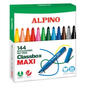 alpino maxi pack economy de 144 rotuladores gruesos punta de 6mm superlavables, resistentes, duraderos y de colores brillantes ideal para uso escolar colores surtidos