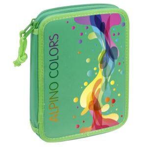 alpino colors estuche de 2 pisos con goma de borrar, sacapuntas, lapiz, boligrafos azul y rojo, reglas, compas, tijeras, 12 lapices de colores y 10 rotuladores