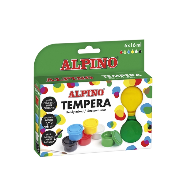 alpino pack con 6 botes de tempera 16ml + pincel supercubriente y lavable colores surtidos
