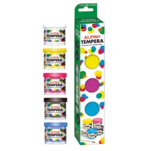 alpino pack con 5 botes de tempera 40ml + pincel supercubriente y lavable colores surtidos